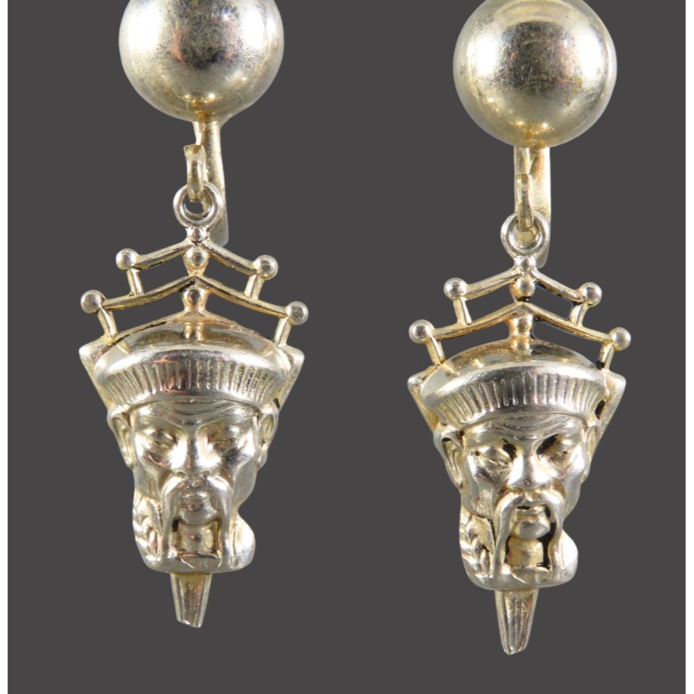 Vintage ASIAN WARRIOR FACE Dangle Screw Back Earrings SILVER TONE Fu Manchu Man
